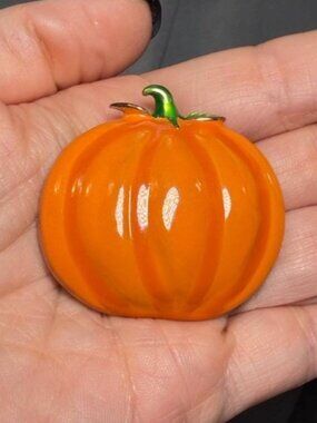Pumpkin Brooch Orange Enamel Glossy Vintage Fall Halloween Pin 2 Inch